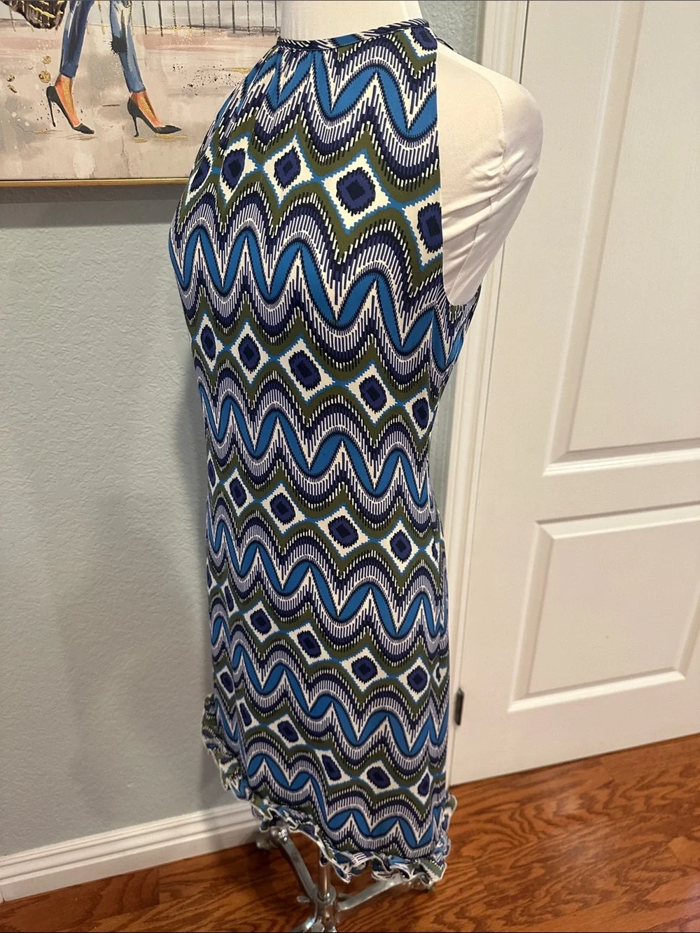 Tory Burch Sz 6 100% Silk Blue & Olive Wave-Print Halter Mini Dress • NEW!